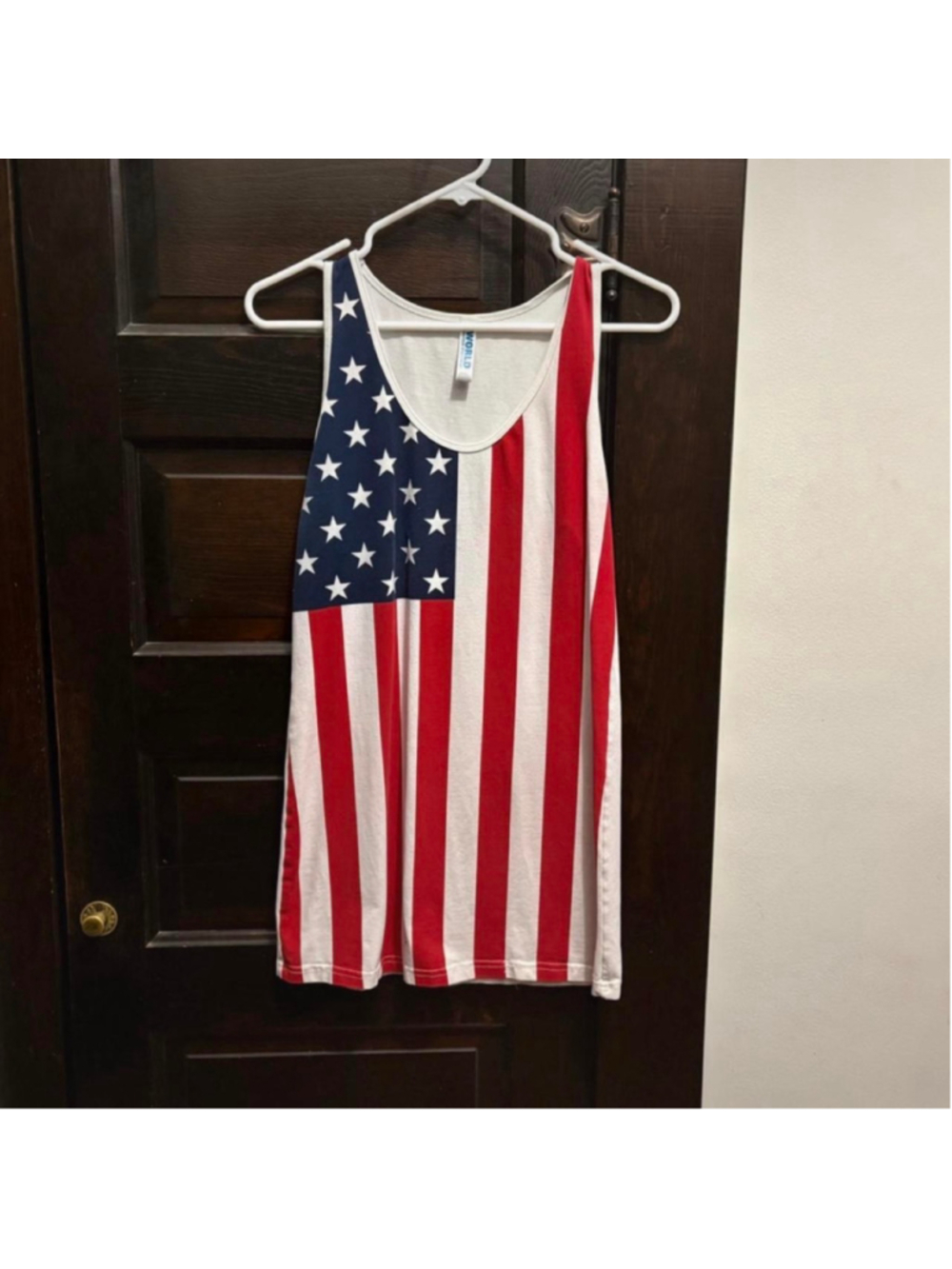 (467) White American flag tank top with red, white, and blue stripes and stars #